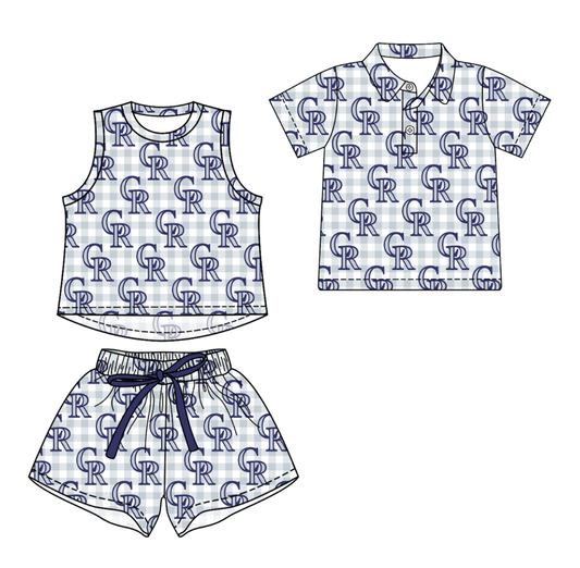 3.14 CUSTOM MOQ 5 Sibling Boys Baby Girls Summer Fashion Gray Check Blue CR Sleeveless Top Shorts Button Polo Shirts Team Clothes Sets
