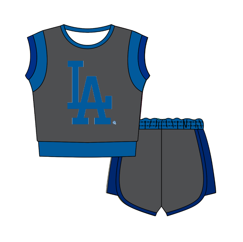 CUSTOM MOQ 5 Cute Comfortable Clothing For Kids Baby Kids Summer Grey LA Sleeveless Patchwork Top Shorts Clothes Sets