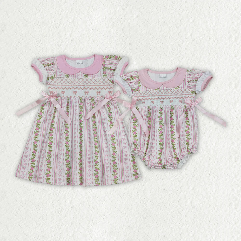 9.29  RTS Smocked Embroidery Bows Baby Girls Flowers Stripe Knee Length Dresses Ruffle Rompers