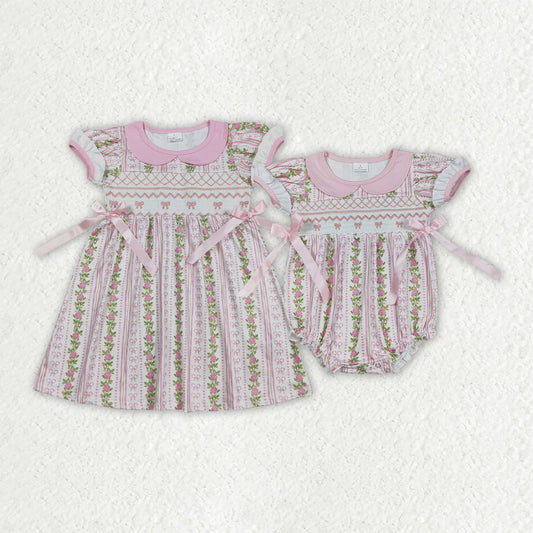 9.29  RTS Smocked Embroidery Bows Baby Girls Flowers Stripe Knee Length Dresses Ruffle Rompers