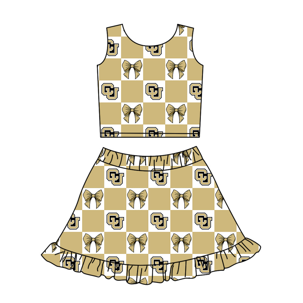 CUSTOM MOQ 5 Sibing Kids Clothing for Girls Baby Girls Beige Bow Top Skirts Yoga Active Team Clothes Sets Knee Length Dress Shorts
