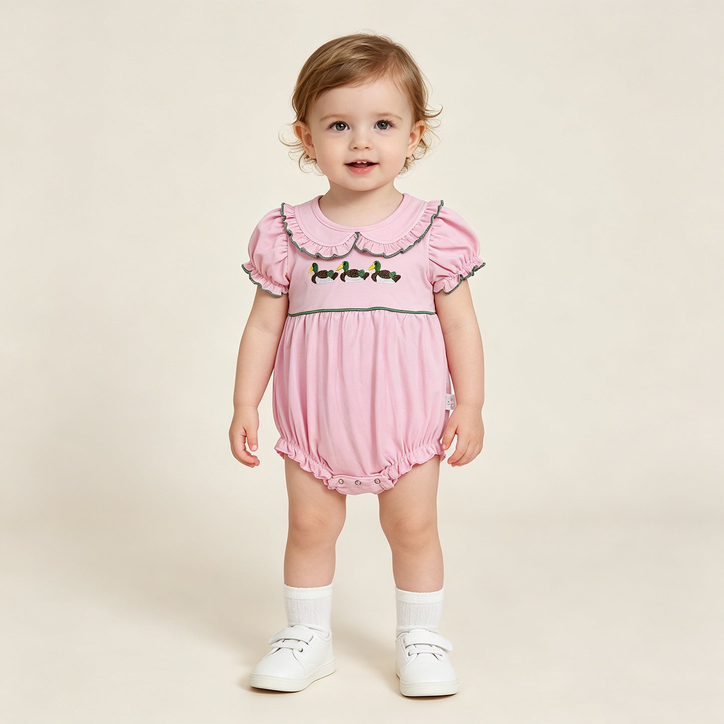 SR3532 RTS NO MOQ （In stock）Pink short sleeves duck embroidery baby girls romper