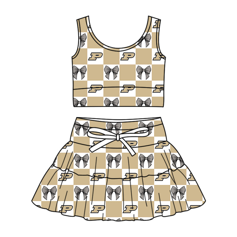 CUSTOM MOQ 5 Sibing Kids Clothing for Girls Baby Girls Khaki P Bow Top Skirts Yoga Active Team Clothes Sets Knee Length Dress Shorts