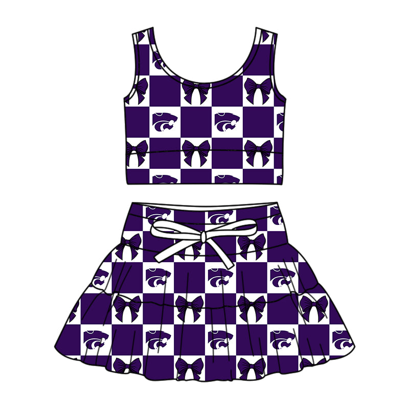 CUSTOM MOQ 5 Sibing Kids Clothing for Girls Baby Girls Purple Bow Top Skirts Yoga Active Team Clothes Sets Knee Length Dress Shorts
