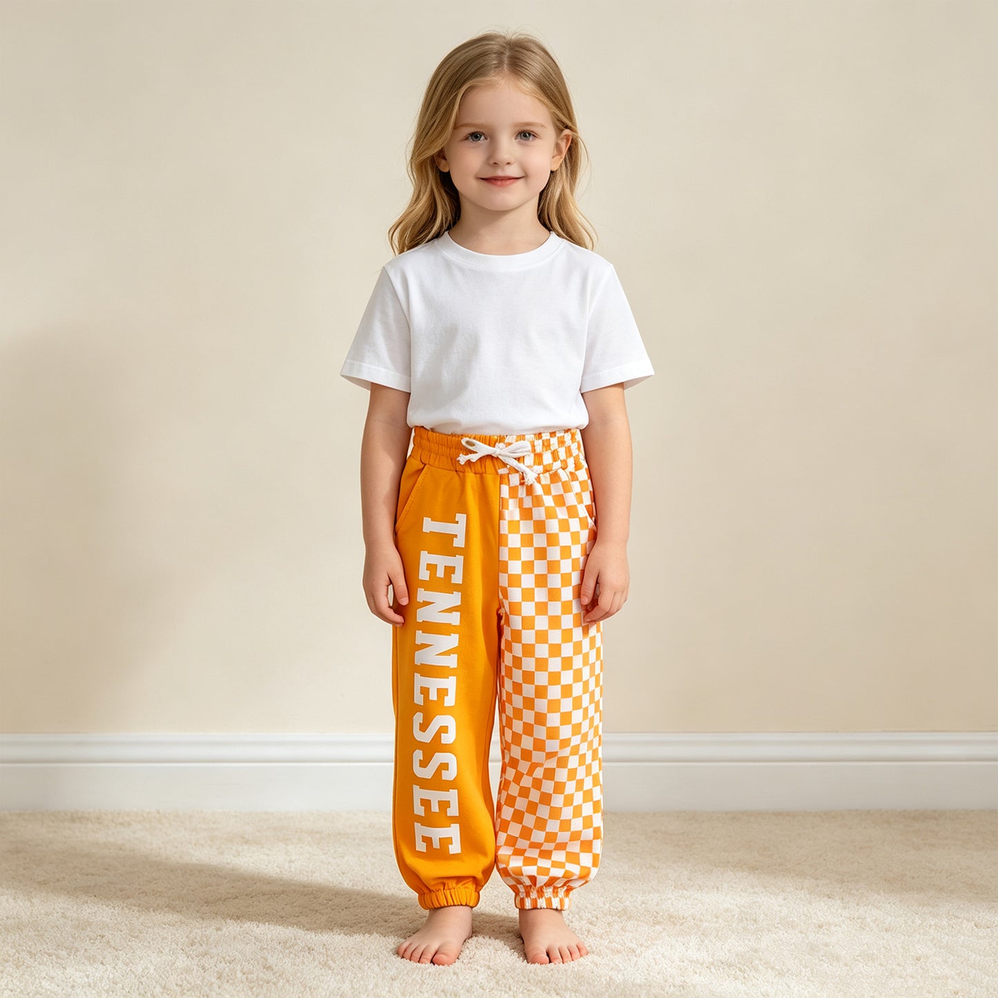 RTS NO MOQ （In stock）milk silk P1058 Baby Girls Orange Check Team Pocket Jogger Pant