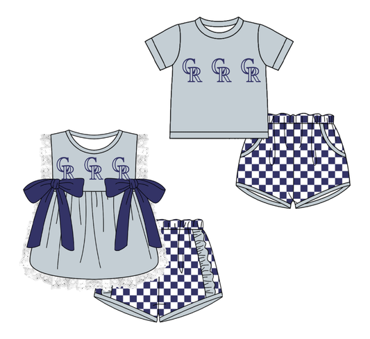 CUSTOM MOQ 5 Cute Comfortable Clothing For Kids Sibling Boys Baby Girls Summer Gray Bow Top Blue Checked Shorts Team Clothes Sets