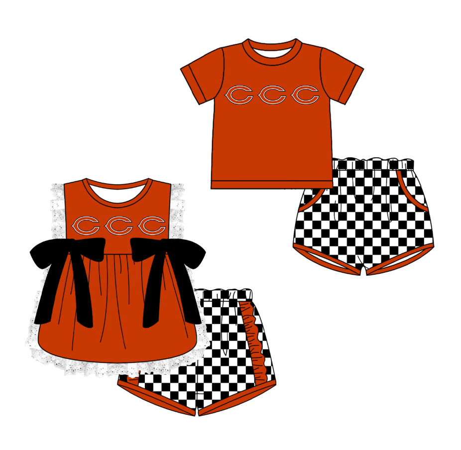 CUSTOM MOQ 5 Cute Kids Clothing Sibling Boys Baby Girls Summer Orange Top Black Checked Shorts Team Clothes Sets