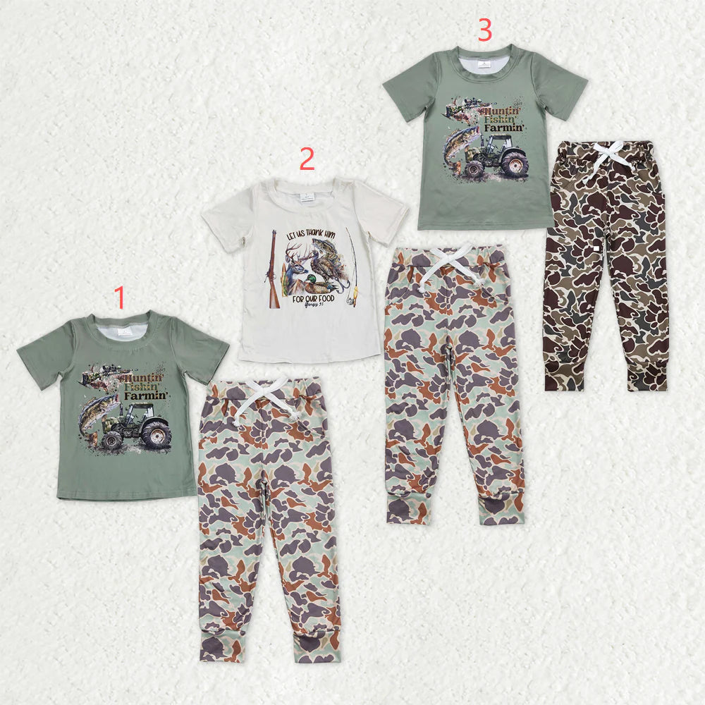 12.18 RTS Sibling Baby Boys Short Sleeve Hunting Fishing Top Pockets Camo Pants Clothes Sets