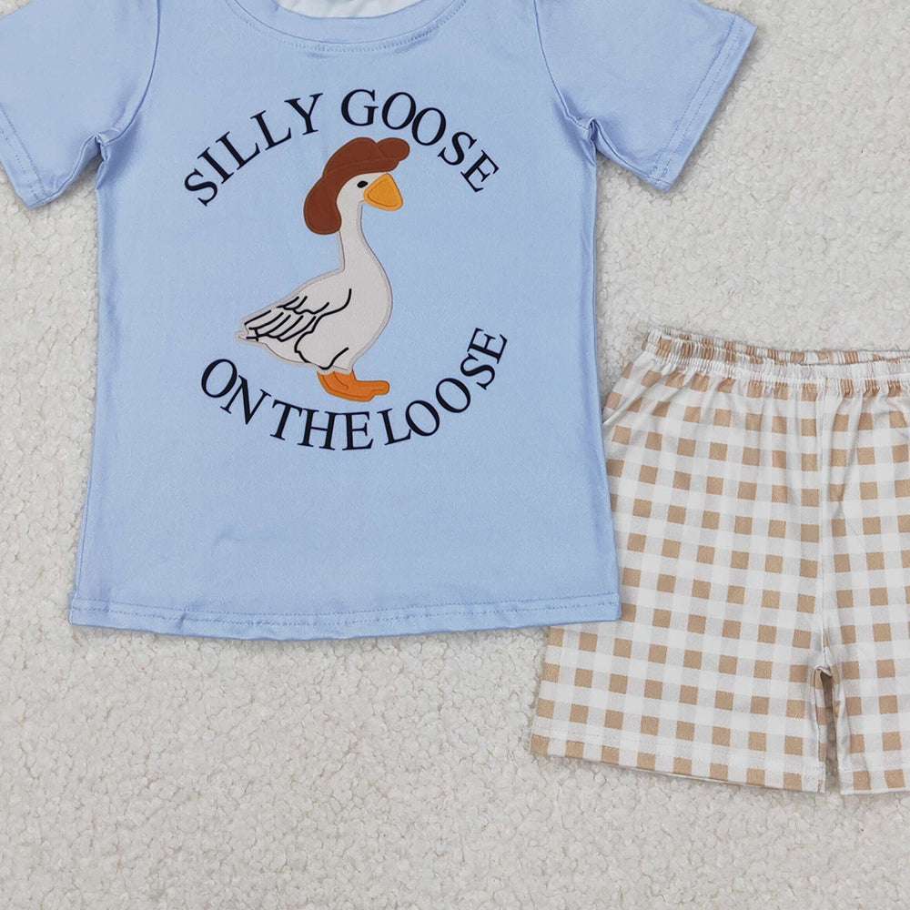4.25 BSSO1305 RTS NO MOQ Silly goose on the loose top plaid shorts boys clothes