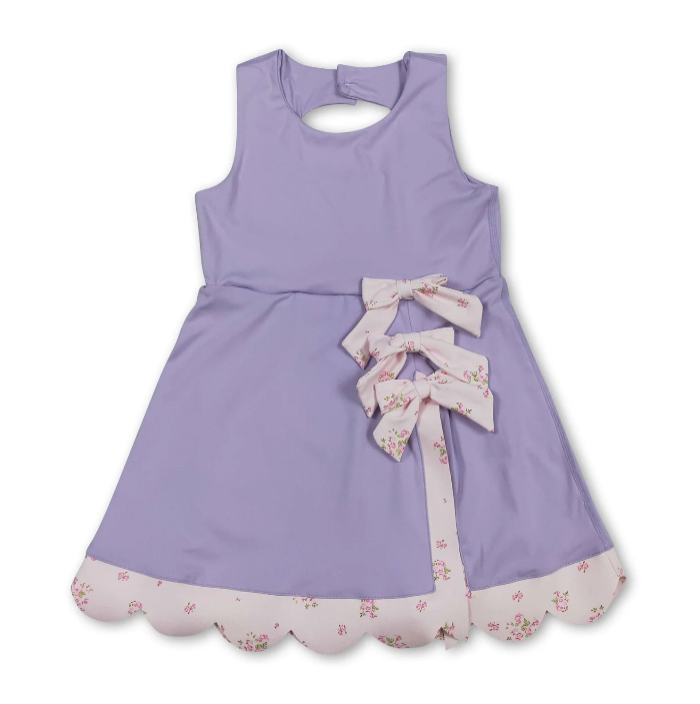 RTS NO MOQ Sibling yoga fabric Baby Girls Bow Scallop Trim Knee Length  Athletic Short Dress