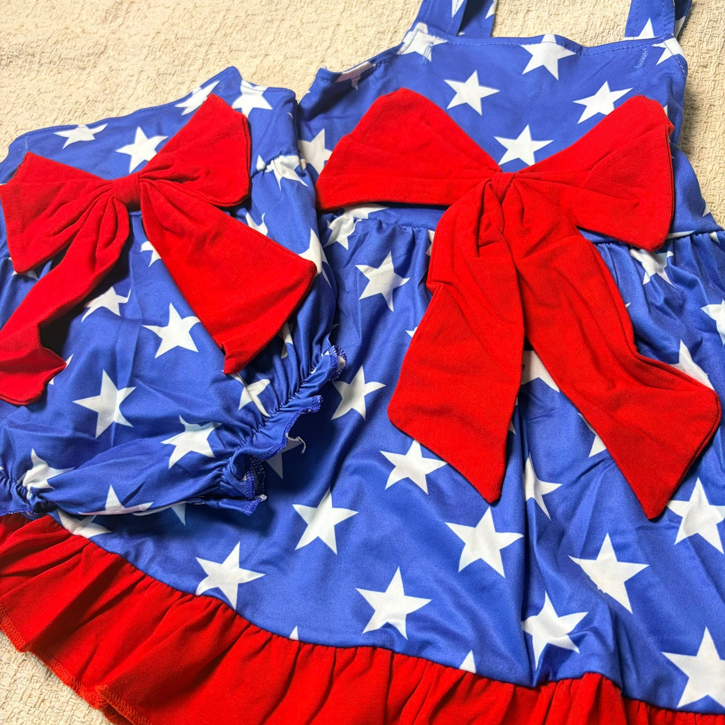 5.5 RTS Sibling Blue straps stars ruffle bow baby kids 4th of july dresses shorts and romper
