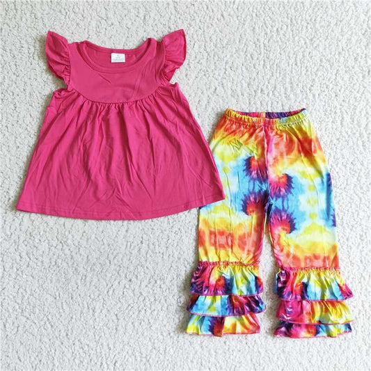 B11-16 Hotpink tunic tie dye ruffle pants sets
