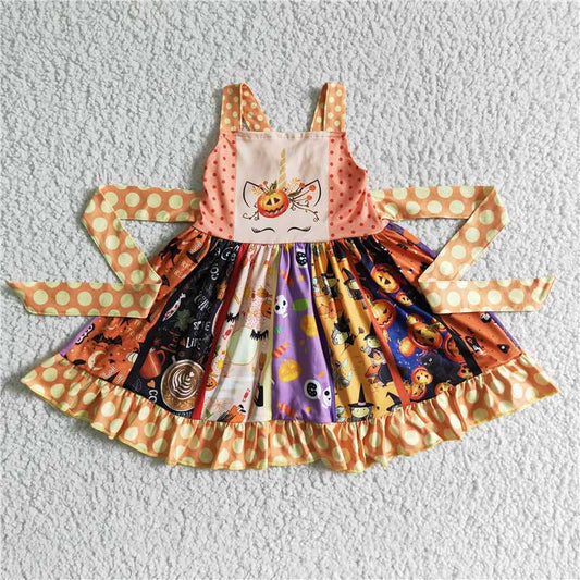 B18-11  Halloween Unicorn Pumpkin Twirl Dresses