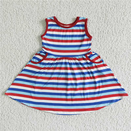A1-13-2  Sleeveless stripe pocket baby girls 4th of july dresses