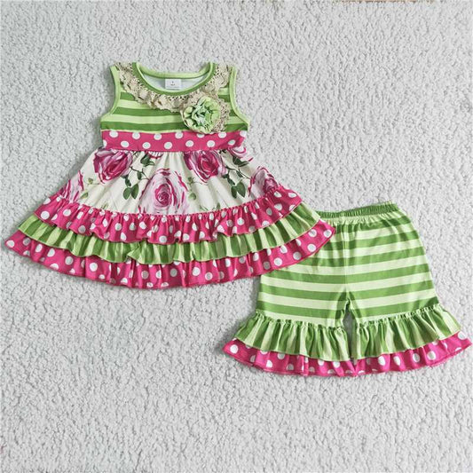 Green stripe floral ruffle tunic shorts summer set