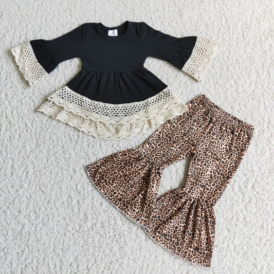 6 A16-30Black wave lace tunic leopard pants toddler girls set