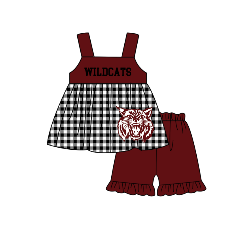 3.6 CUSTOM MOQ 5 Sibling Boys Baby Girls Dark Red Cat Checked Top Shorts Clothes Set Knee Length Dress Rompers