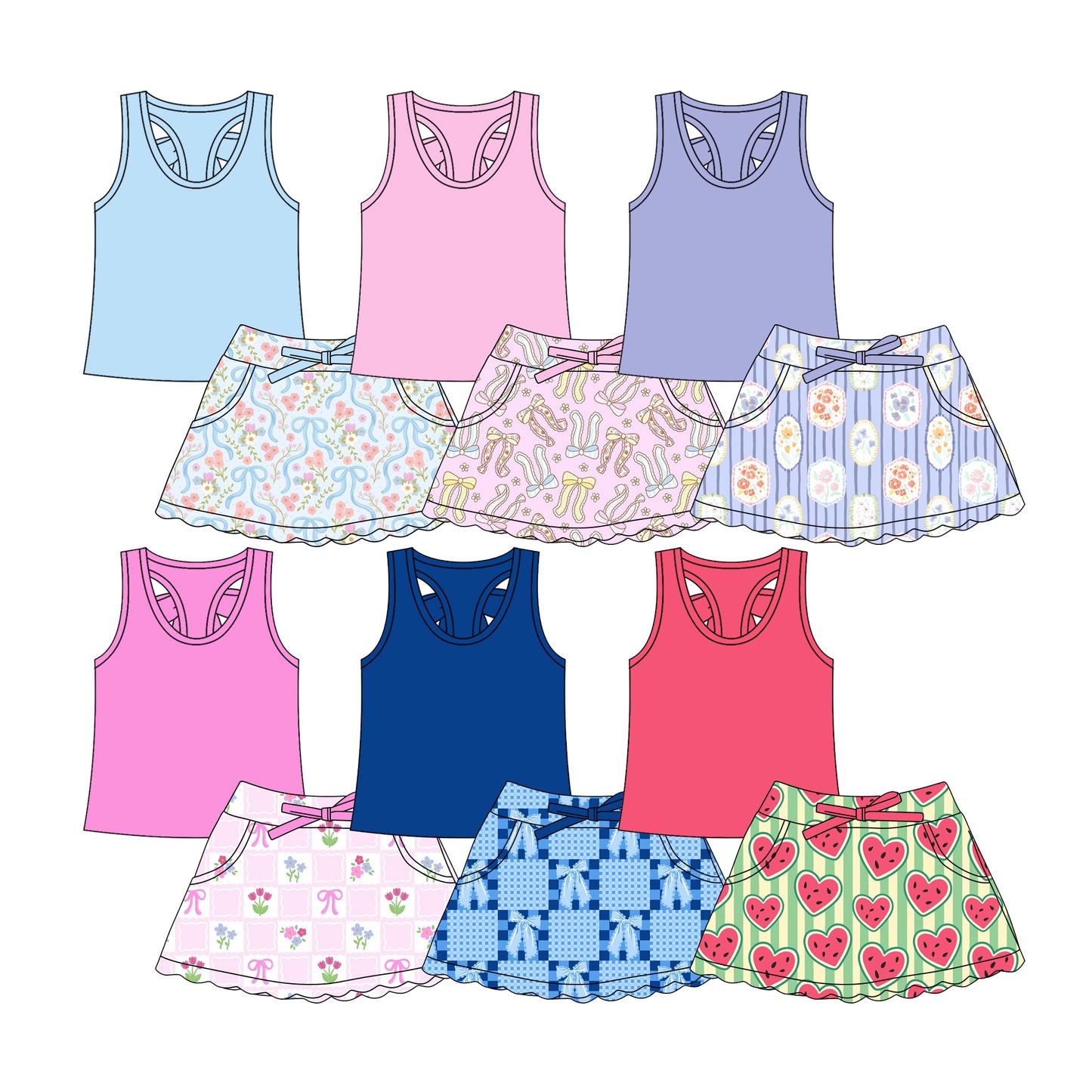 CUSTOM MOQ 5 Sibling Baby Girls 6 Colors Sleeveless Ruffles Skirt Yoga Activewear Clothes Sets
