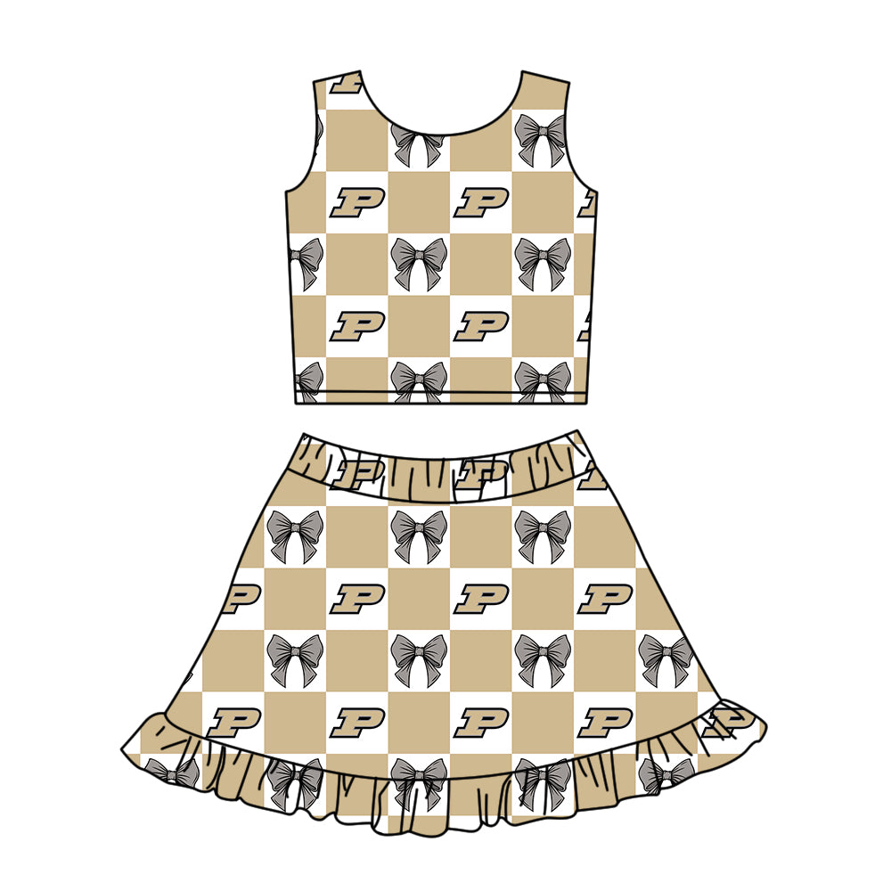 CUSTOM MOQ 5 Sibing Kids Clothing for Girls Baby Girls Khaki P Bow Top Skirts Yoga Active Team Clothes Sets Knee Length Dress Shorts