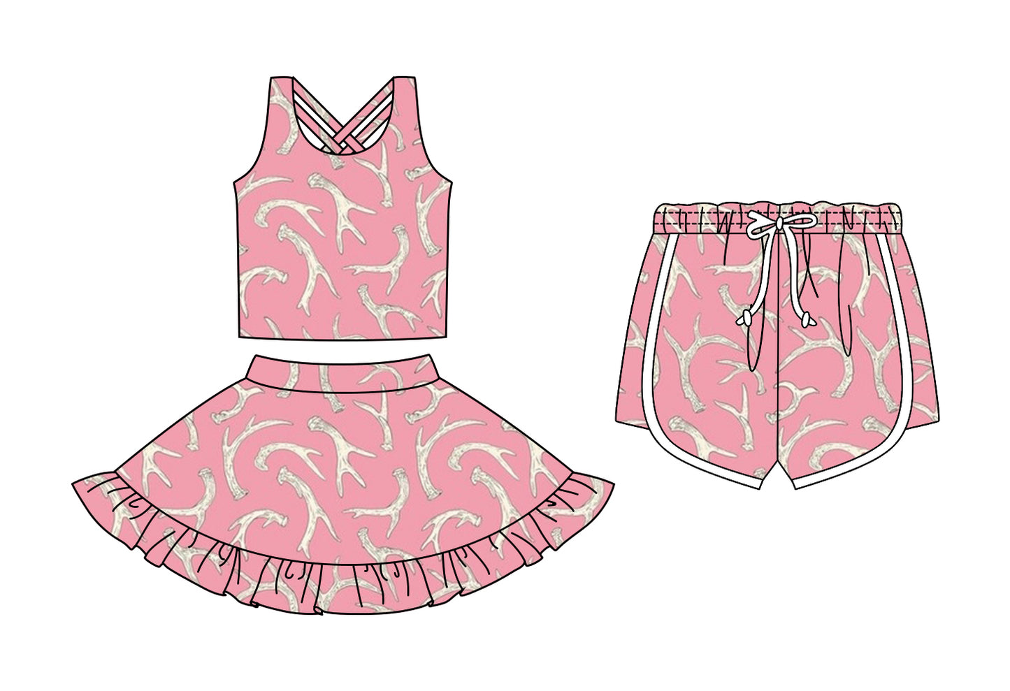 CUSTOM MOQ 5 Sibling Baby Girls Sleeveless Pink Branches Skirt Bottom Shorts Yoga Active Clothes Sets