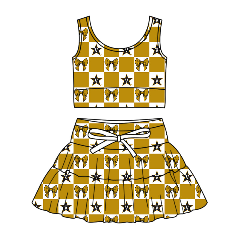 CUSTOM MOQ 5 Kids Clothing for Girls Baby Girls Khaki Bow Top Skirts Yoga Active Team Clothes Sets