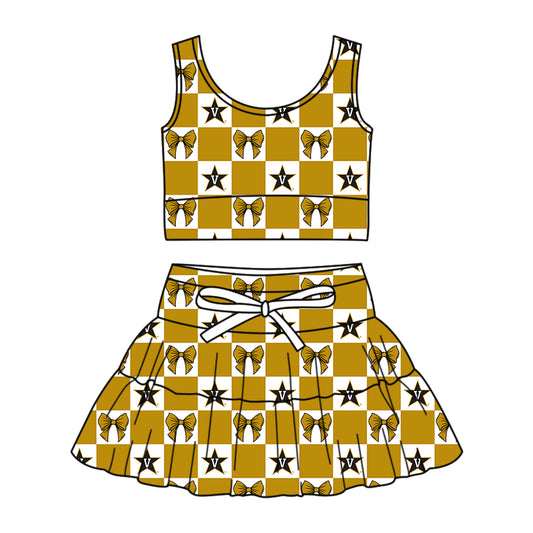 CUSTOM MOQ 5 Kids Clothing for Girls Baby Girls Khaki Bow Top Skirts Yoga Active Team Clothes Sets