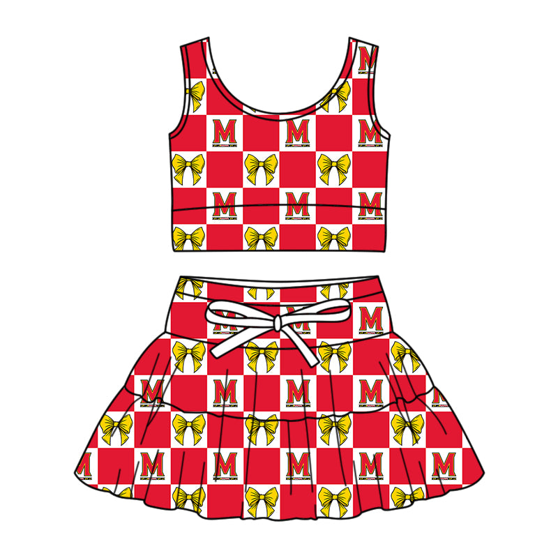 CUSTOM MOQ 5 Sibing Kids Clothing for Girls Baby Girls Red Bow Top Skirts Yoga Active Team Clothes Sets Knee Length Dress Shorts