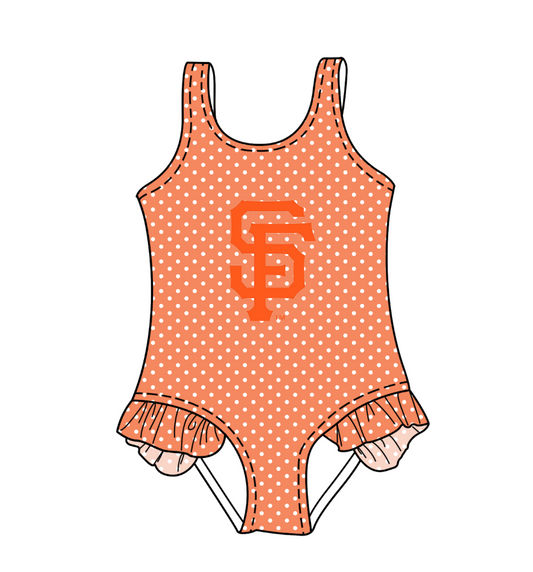 CUSTOM MOQ 5 Cute Comfortable Clothing For Kids Baby Girls Orange Polka Dots Ruffle Team One Piece Swimsuits