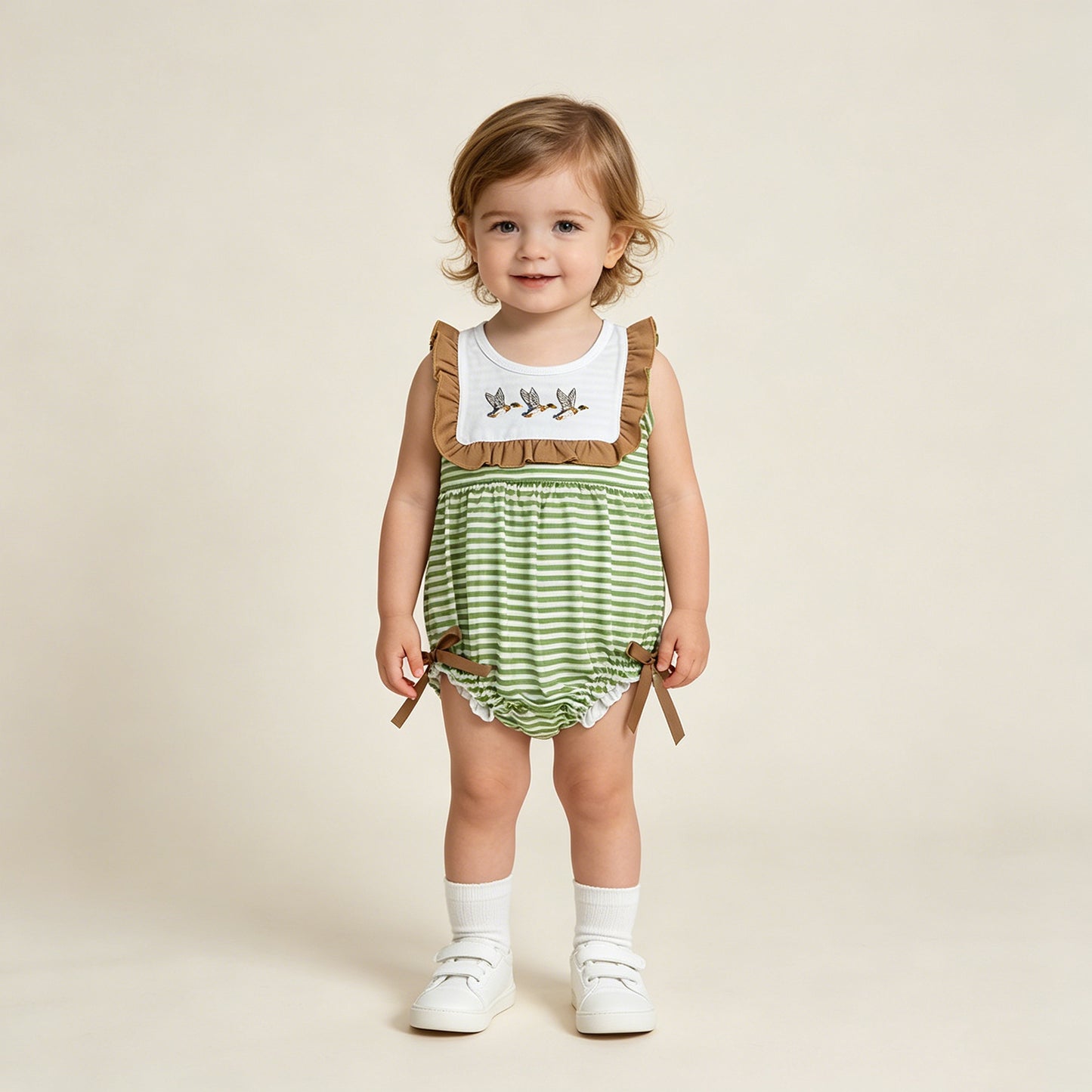 SR4084  RTS NO MOQ （In stock ） Sleeveless duck embroidery stripe baby girls romper