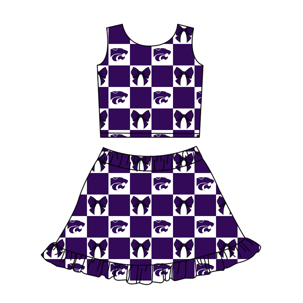 CUSTOM MOQ 5 Sibing Kids Clothing for Girls Baby Girls Purple Bow Top Skirts Yoga Active Team Clothes Sets Knee Length Dress Shorts