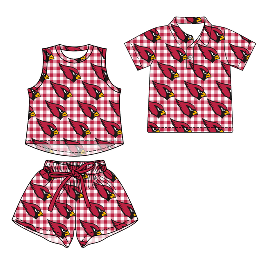 3.17 CUSTOM MOQ 5 Sibling Boys Baby Girls Summer Fashion Red Check Sleeveless Top Shorts Button Polo Shirts Team Clothes Sets
