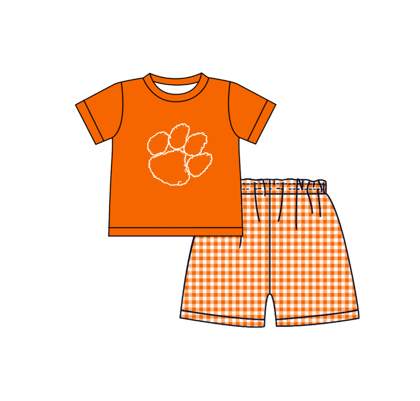 CUSTOM MOQ 5 Sibling Boys Baby Girls Orange Top Shorts Clothes Set Knee Length Dress Rompers