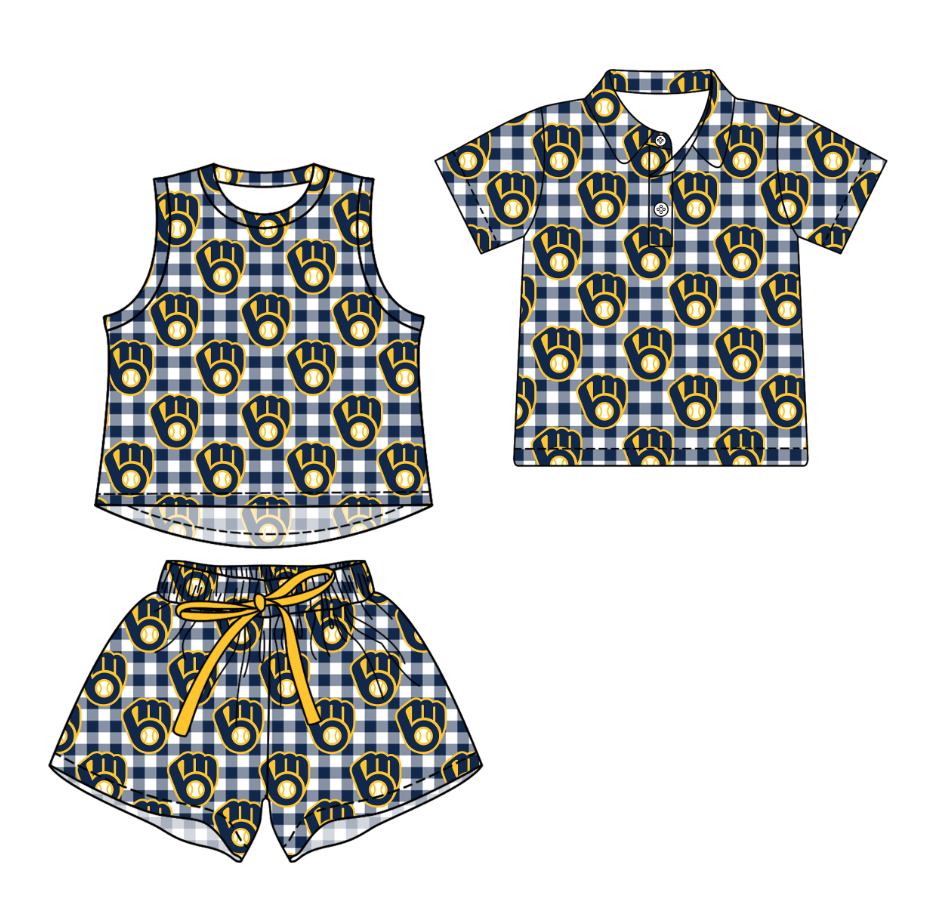 3.14 CUSTOM MOQ 5 Sibling Boys Baby Girls Summer Fashion Blue Check Golves Sleeveless Top Shorts Button Polo Shirts Team Clothes Sets
