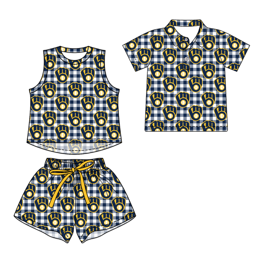 3.14 CUSTOM MOQ 5 Sibling Boys Baby Girls Summer Fashion Blue Check Golves Sleeveless Top Shorts Button Polo Shirts Team Clothes Sets