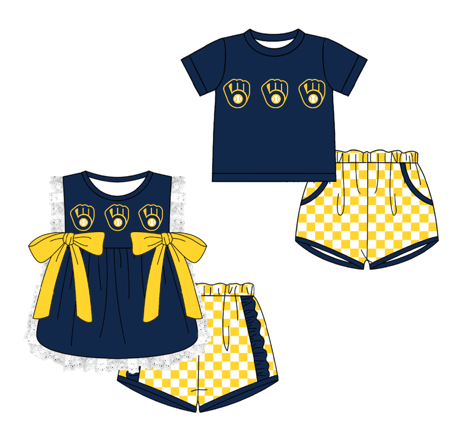 CUSTOM MOQ 5 Cute Comfortable Clothing For Kids Sibling Boys Baby Girls Summer Blue Bow Top Yellow Checked Shorts Team Clothes Sets