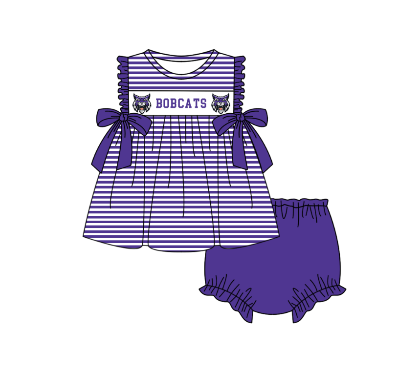 CUSTOM MOQ 5 Sibling Boys Baby Girls Purple Color Stripe Top Ruffles Shorts Clothes Set Knee Length Dress Rompers