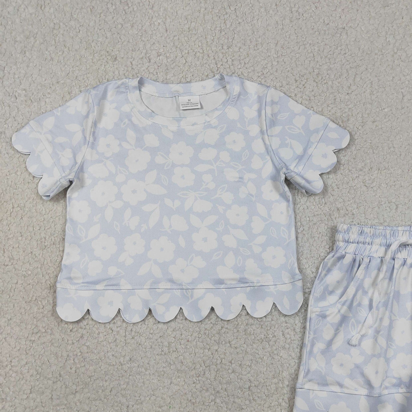 GSSO3730 RTS NO MOQ （In stock ）Short sleeves floral scallop pullover shorts girls outfits