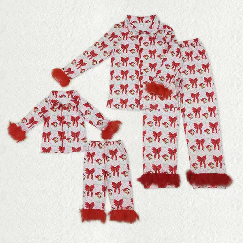 9.19 RTS Sibling Mama and Me Red Bows Santa Button Top Pants Christmas Fur Pajamas Sets