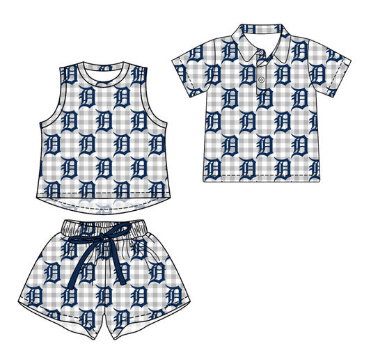 3.14 CUSTOM MOQ 5 Sibling Boys Baby Girls Summer Fashion Gray Check Sleeveless Top Shorts Button Polo Shirts Team Clothes Sets