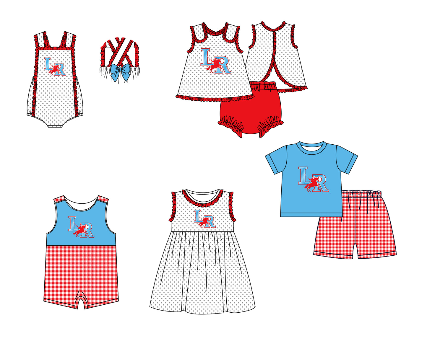 CUSTOM MOQ 5 Sibling Boys Baby Girls Red LR Top Shorts Clothes Set Knee Length Dress Rompers