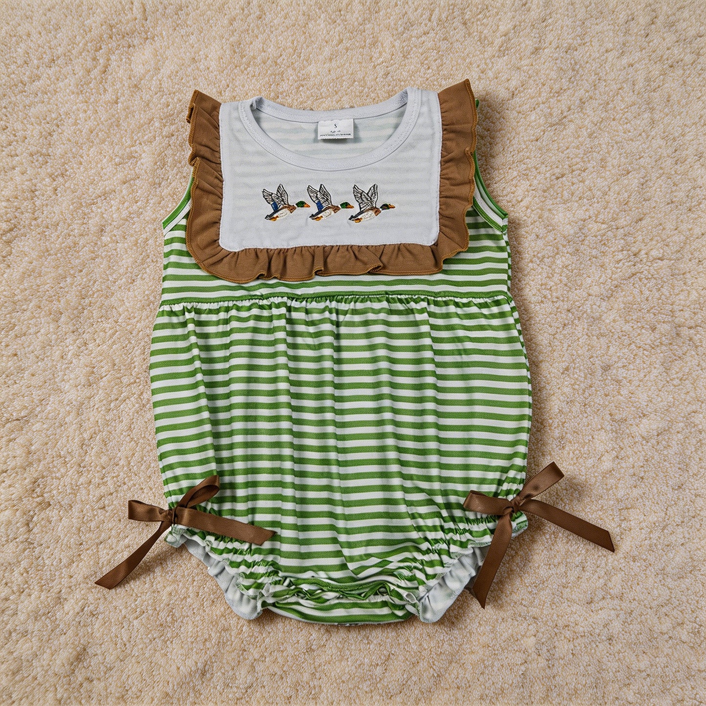 SR4084  RTS NO MOQ （In stock ） Sleeveless duck embroidery stripe baby girls romper