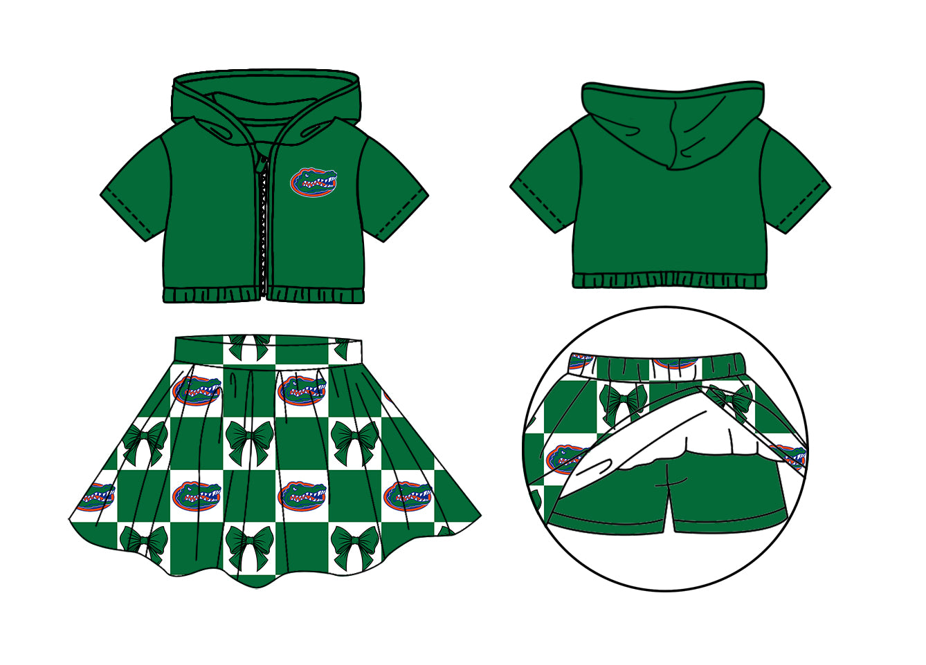 CUSTOM MOQ 5 Kids Clothing for Girls Baby Girls Green Bow Hoodie Top Skirt Team Clothes Sets