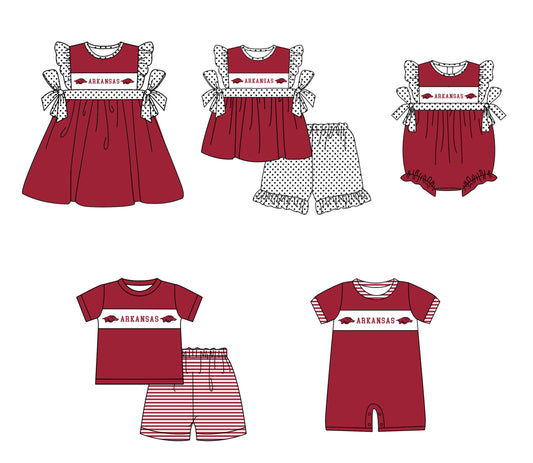 CUSTOM MOQ 5 Sibling Boys Baby Girls Red Top Shorts Clothes Set Knee Length Dress Rompers