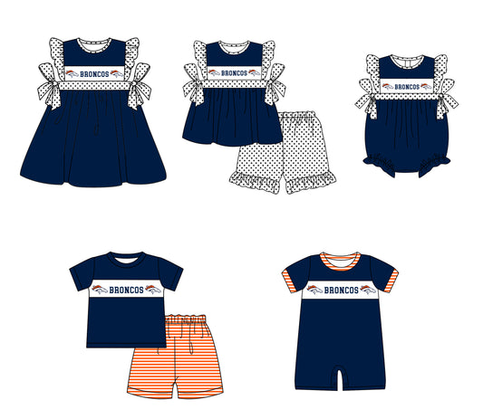 CUSTOM MOQ 5 Sibling Baby Kids Blue Polka Dots Top Shorts Clothes Set Knee Length Dress Rompers
