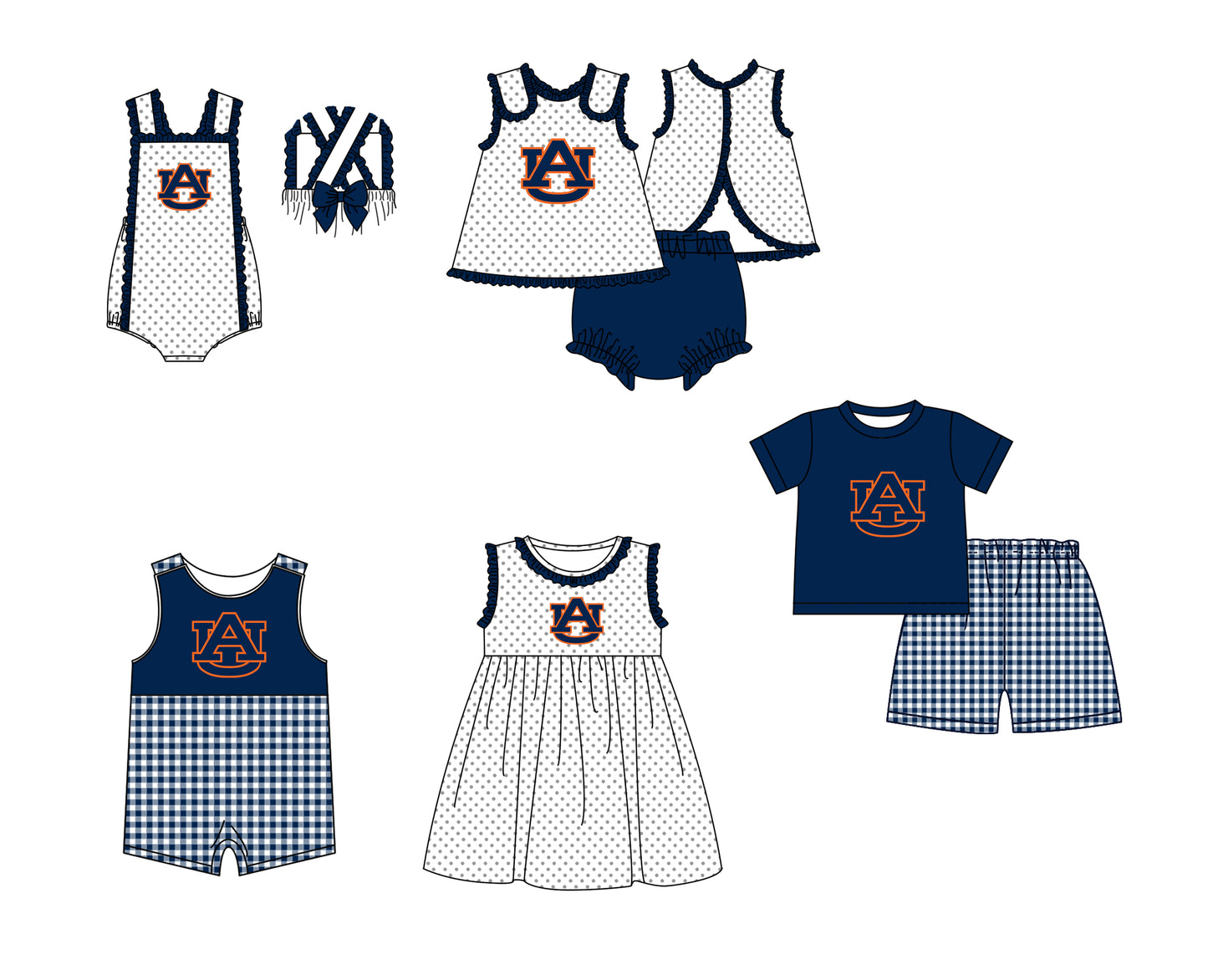 CUSTOM MOQ 5 Sibling Boys Baby Girls Dark Blue Top Shorts Clothes Set Knee Length Dress Rompers