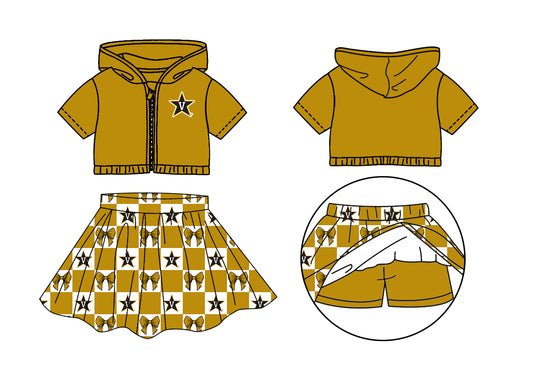 CUSTOM MOQ 5 Kids Clothing for Girls Baby Girls Khaki Bow Hoodie Top Skirt Team Clothes Sets