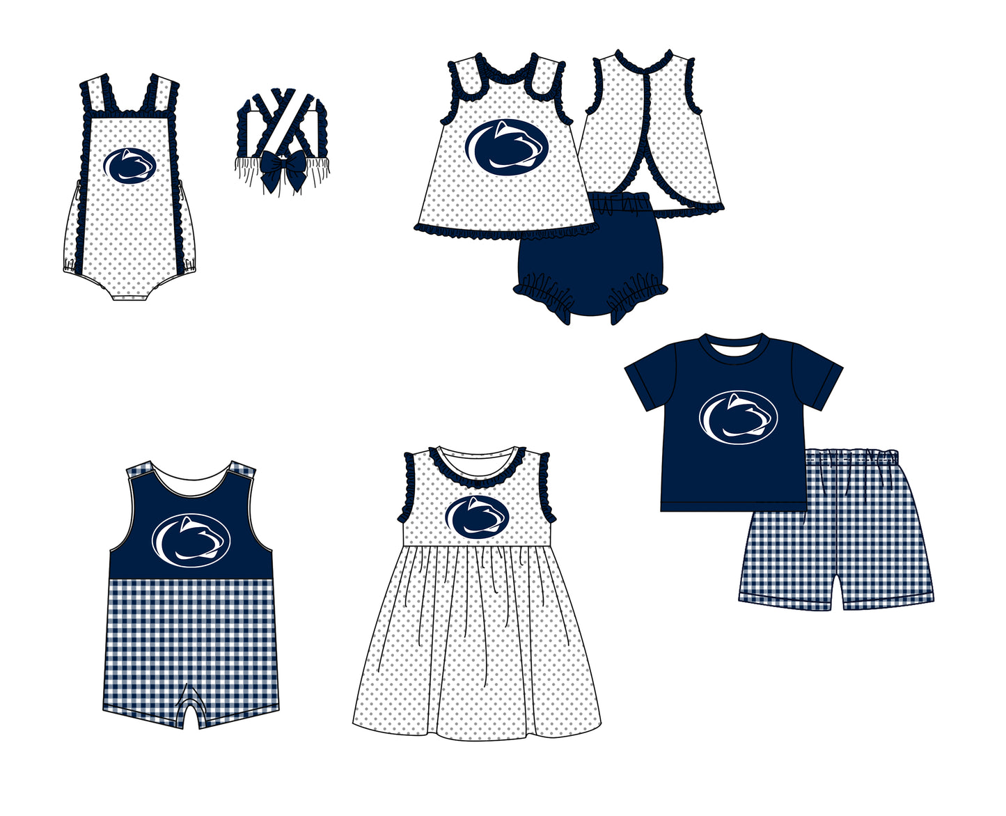 CUSTOM MOQ 5 Sibling Boys Baby Girls Blue Top Shorts Clothes Set Knee Length Dress Rompers