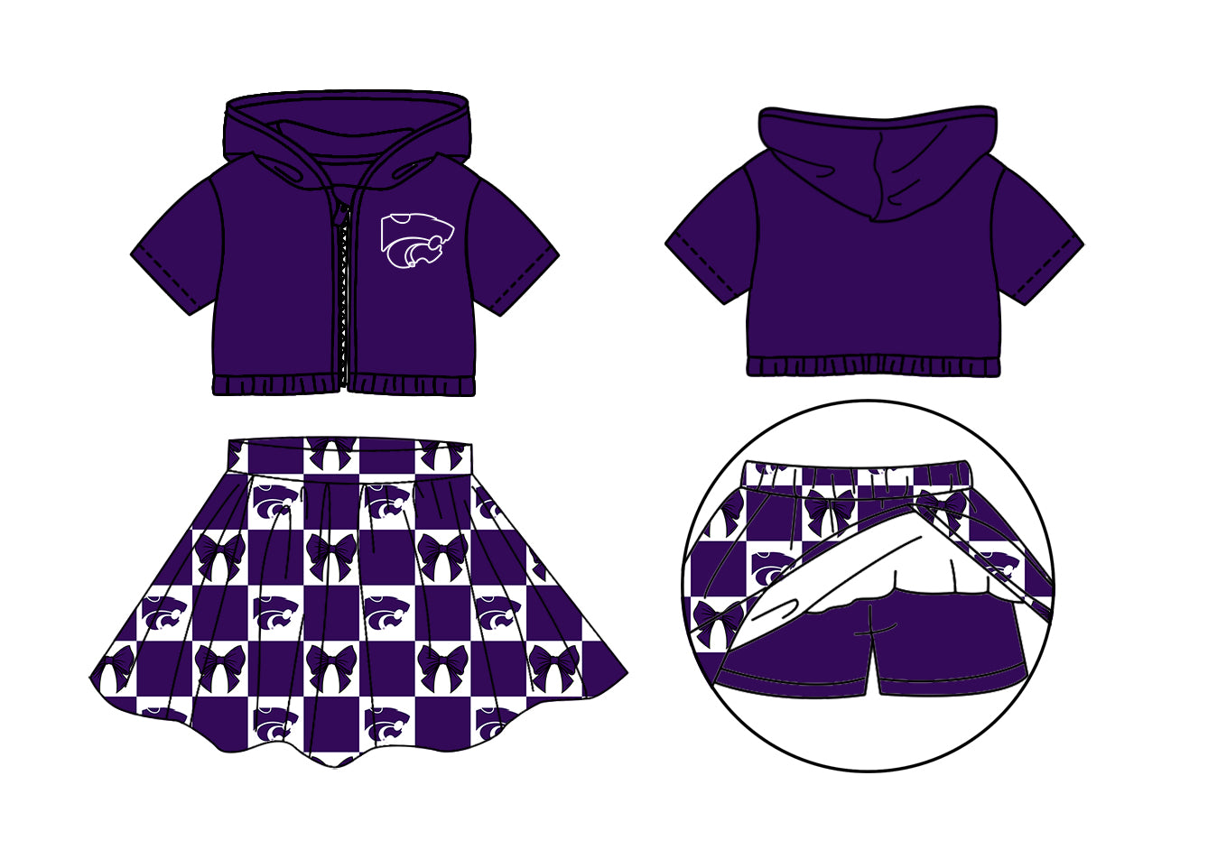 CUSTOM MOQ 5 Sibing Kids Clothing for Girls Baby Girls Purple Bow Top Skirts Yoga Active Team Clothes Sets Knee Length Dress Shorts