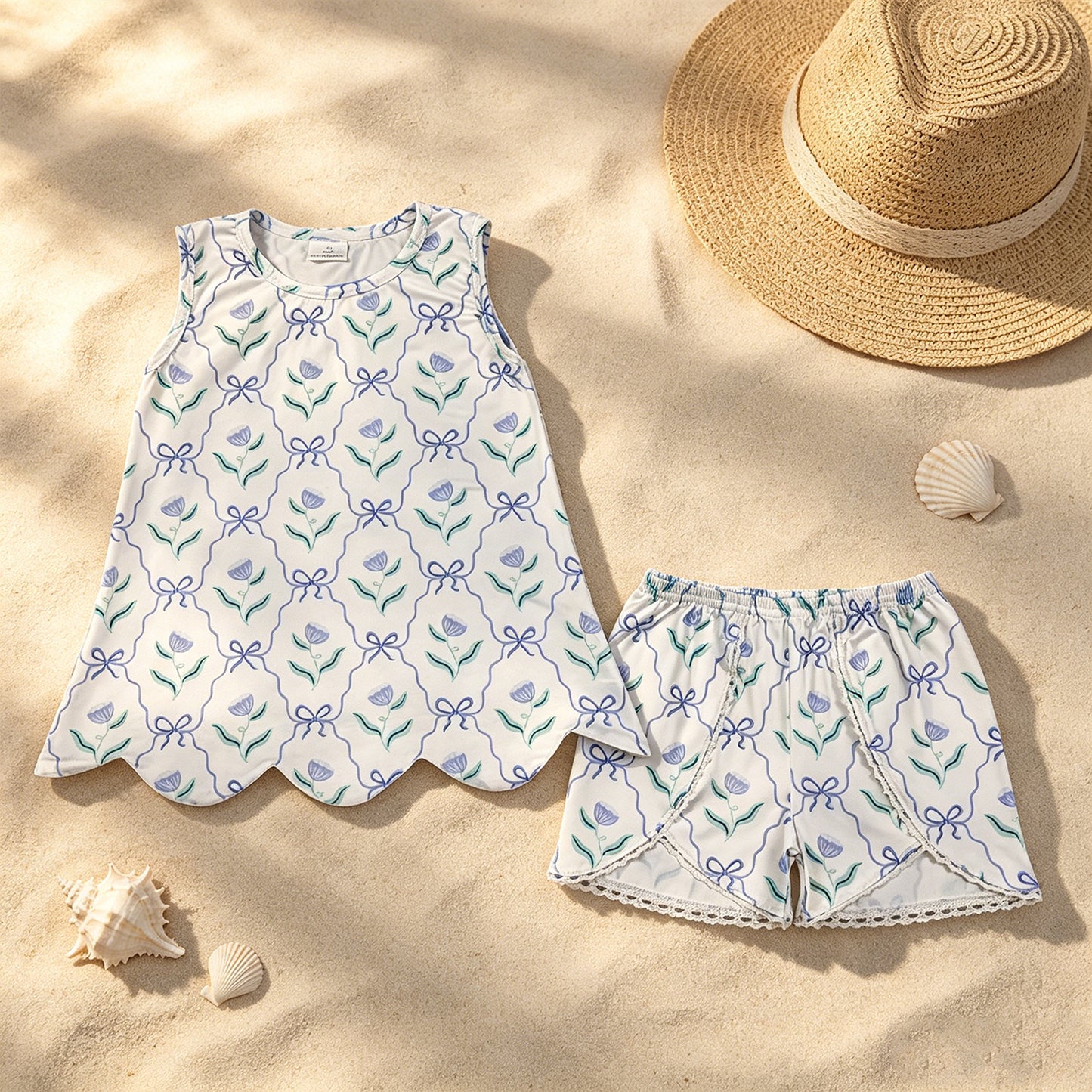 GSSO3426 RTS NO MOQ （In stock ）Sleeveless floral bow scallop top shorts girls outfits