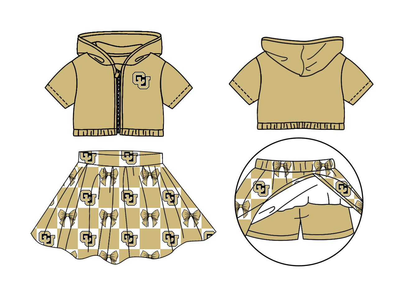 CUSTOM MOQ 5 Sibing Kids Clothing for Girls Baby Girls Beige Bow Top Skirts Yoga Active Team Clothes Sets Knee Length Dress Shorts